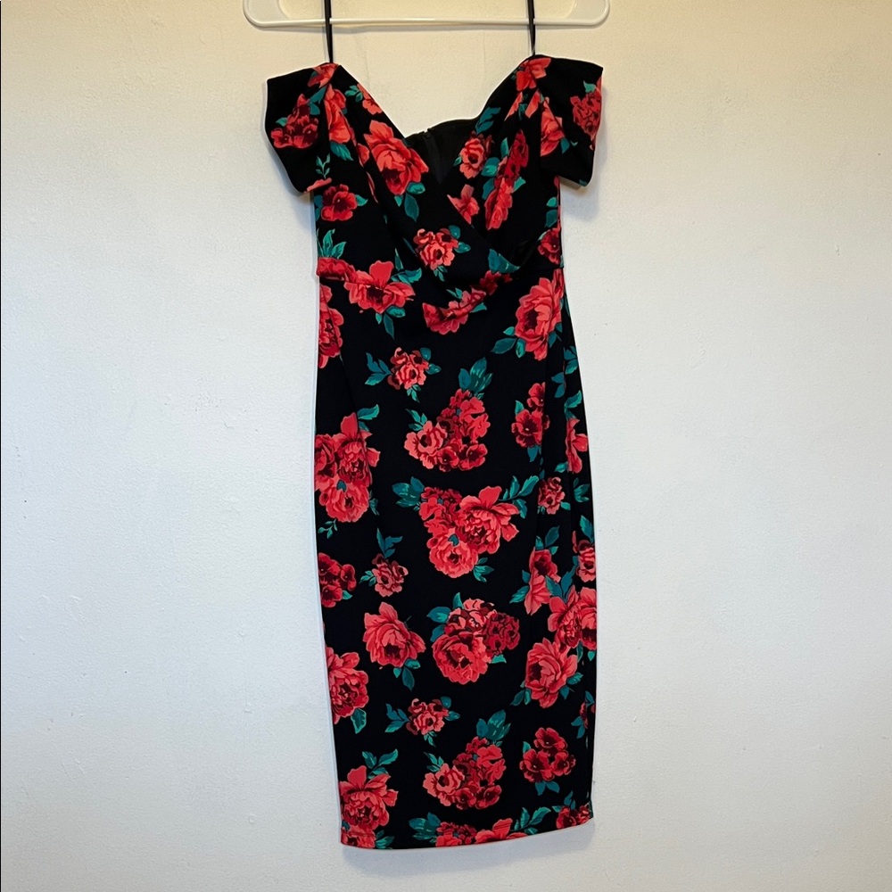 Floral Off-Shoulder Midi Dress - Black with Pink + Red Roses